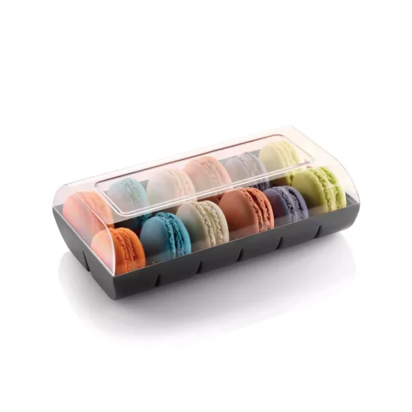 Black Silikomart Macadò 12 macaron box with clear lid and colourful macarons