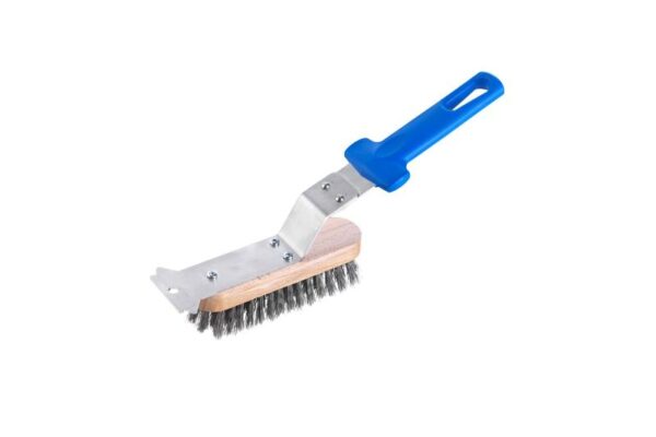 GI Metal stainless steel grill brush with scraper and blue handle