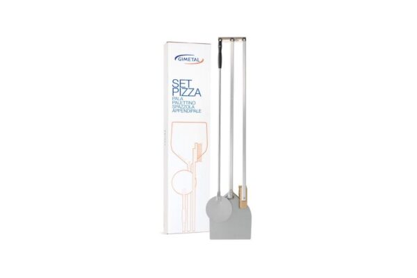 GI Metal SET2 four-piece pizza tool set with two peels, oven brush and wall rack