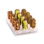 Decorated chocolate and pistachio ice cream bars displayed on the Silikomart Espogel Up stand