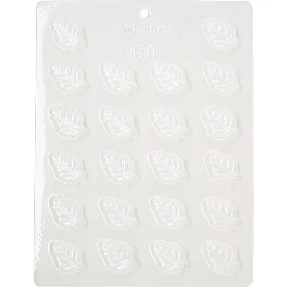 Transparent Silikomart 9013034 chocolate mould with twenty-two leaf-shaped cavities