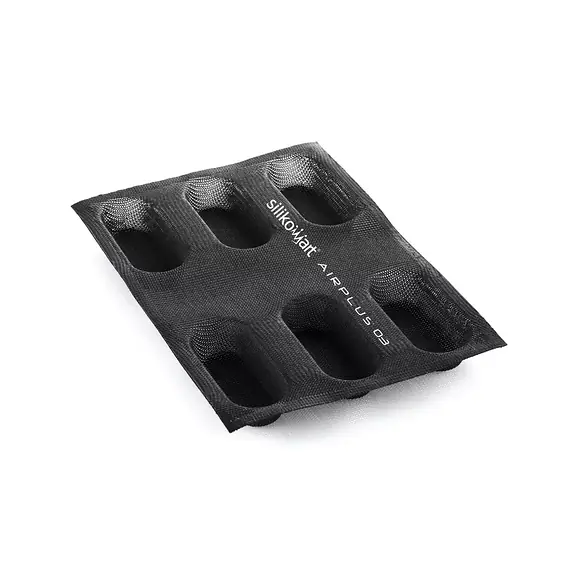 Black Silikomart Airplus 03 mould with six microperforated mini plumcake cavities