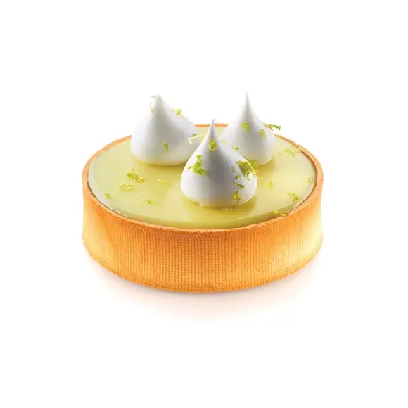 Round lemon tart with crisp straight pastry sides made using a Silikomart Airplus Strip Ø140–160 mm
