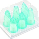 Six turquoise Silikomart BPC6C polycarbonate pastry tubes in a transparent storage case