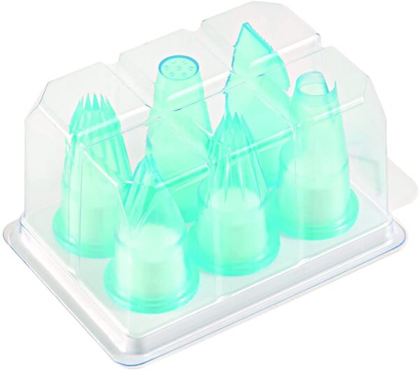 Six turquoise Silikomart BPC6C polycarbonate pastry tubes in a transparent storage case