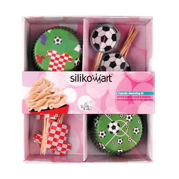 Silikomart set with 24 football baking cups and 24 matching cake topper picks