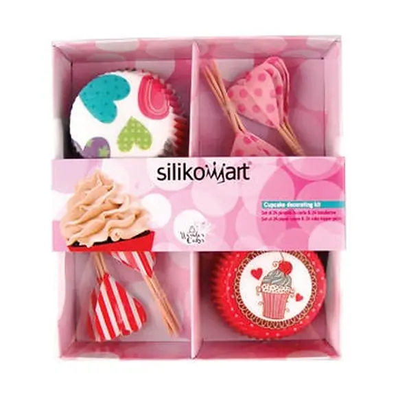 Silikomart box containing heart-patterned paper baking cases and matching cupcake topper picks