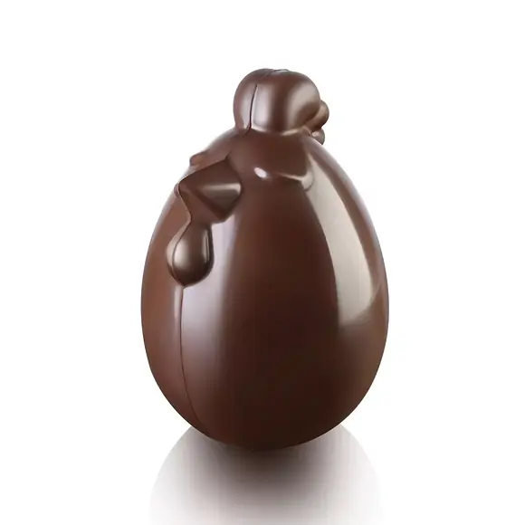Finished dark chocolate Lady Cocca hen with an egg-shaped body, comb, beak and hanging wattle