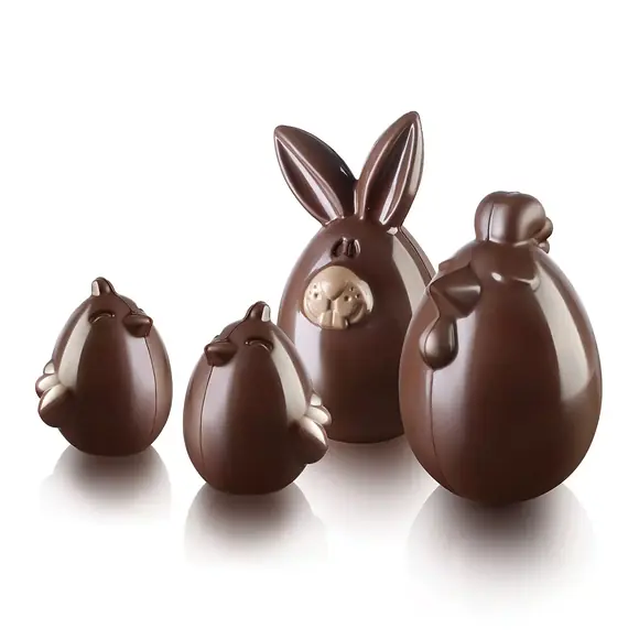 Silikomart Lucky Bunny chocolate rabbit displayed with three other three-dimensional chocolate animal figures