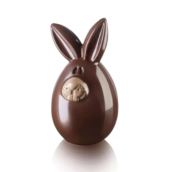 Finished dark chocolate Lucky Bunny rabbit with long ears and a contrasting beige chocolate muzzle