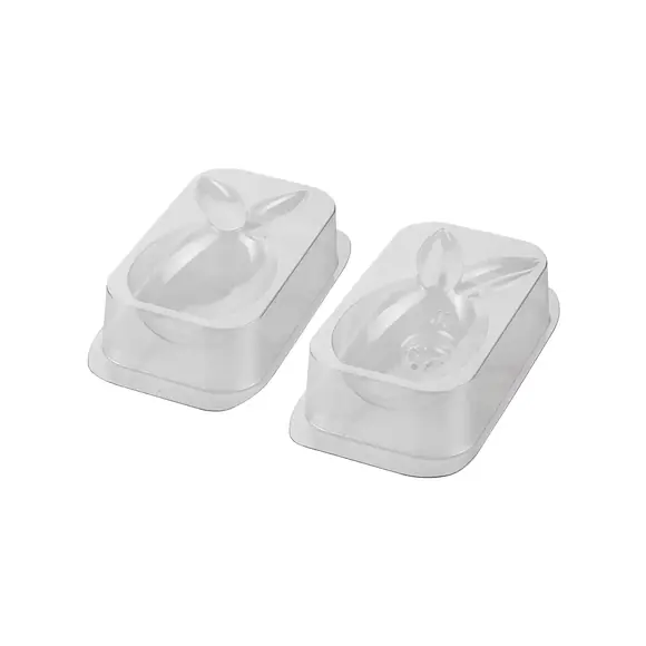 Two transparent Silikomart Lucky Bunny thermoformed mould halves for creating a three-dimensional chocolate rabbit