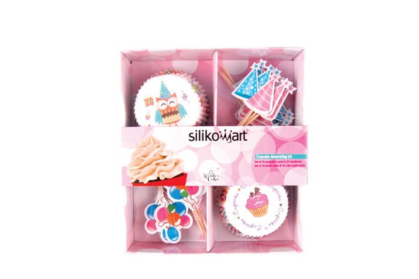 Silikomart box containing colourful party paper baking cases and matching cupcake topper picks