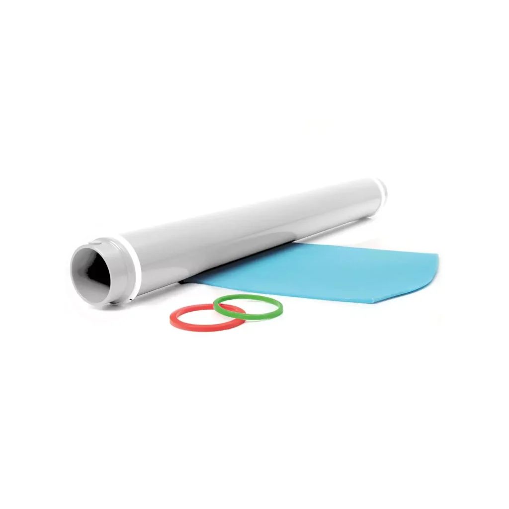 White Silikomart RP00 adjustable rolling pin with coloured silicone thickness rings