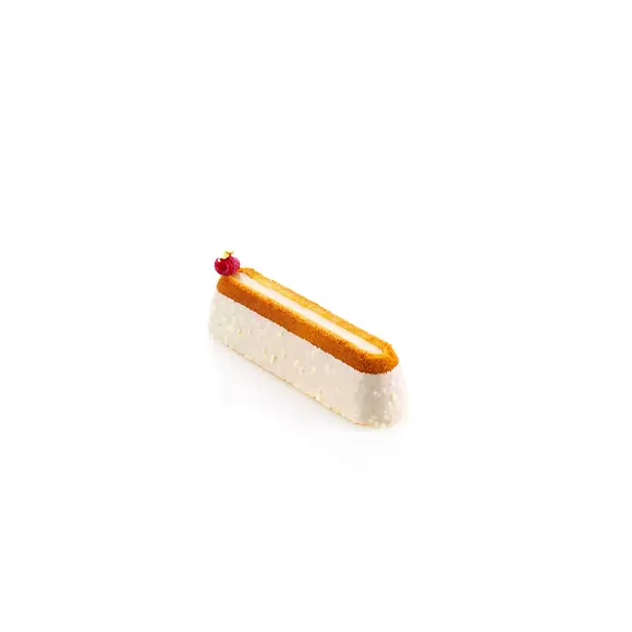 White coated travel cake created with the Silikomart Turin 620 mould and decorated with raspberry