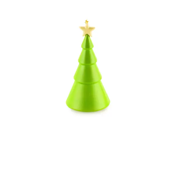 Green three-dimensional chocolate Christmas tree with a white star made using the Silikomart Winter Tree mould