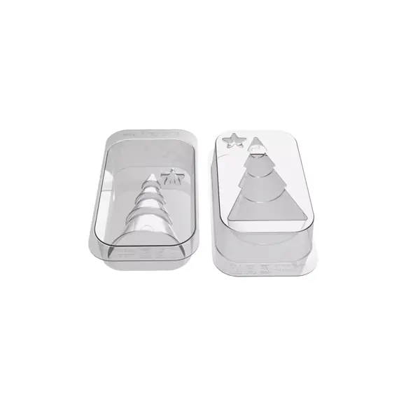 Two transparent Silikomart thermoformed mould pieces for creating a three-dimensional Winter Tree chocolate figure