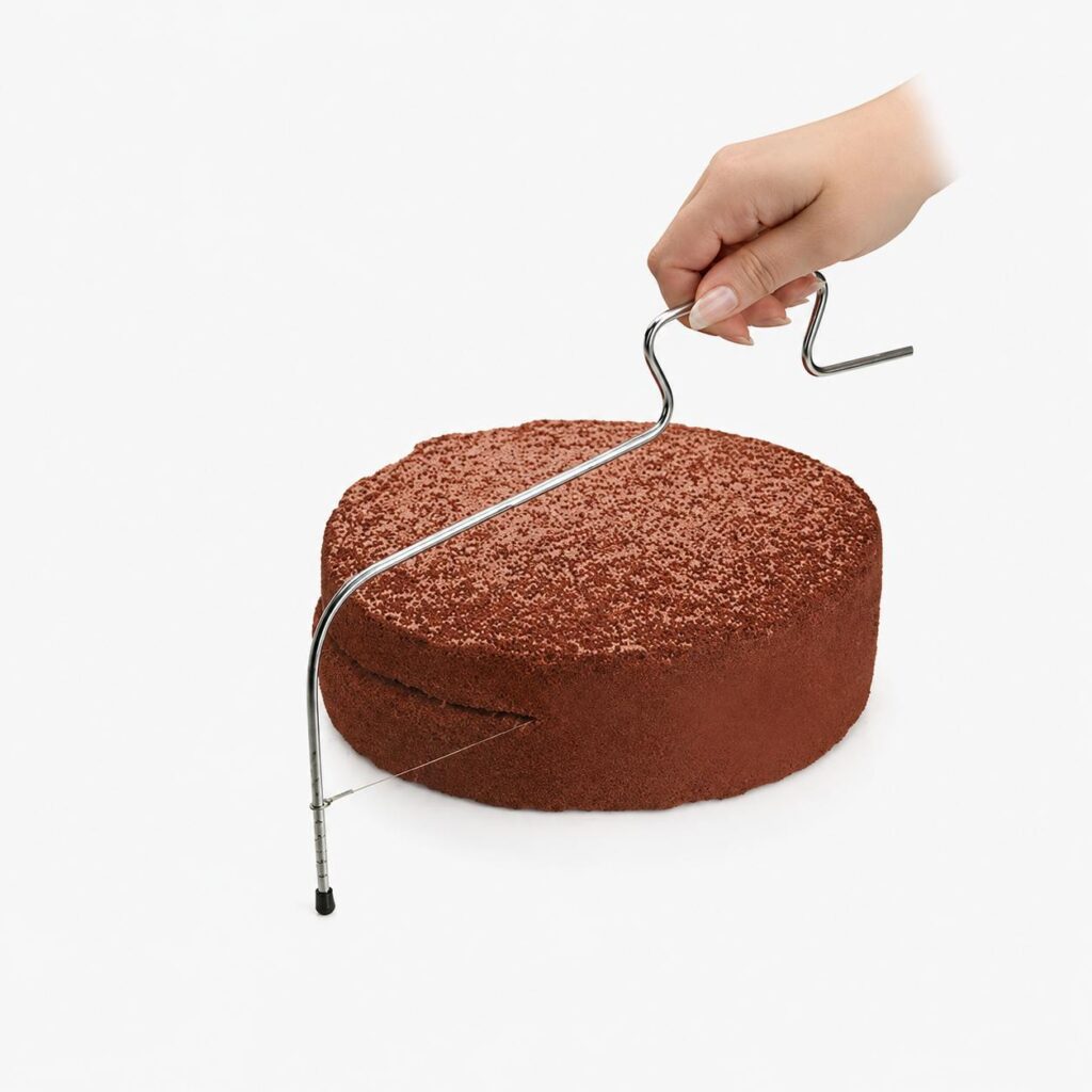 Silikomart Wonder Cake Cutter slicing a round chocolate sponge into horizontal layers