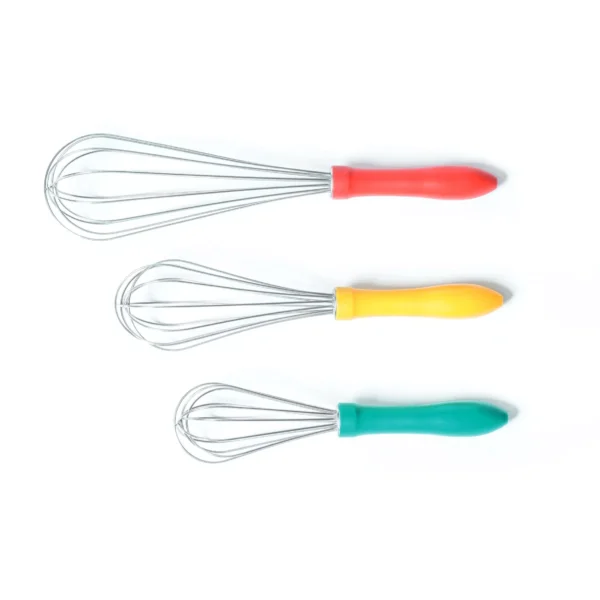 Red Silikomart Wonder Whisk Big displayed above the Medium and Small whisk sizes